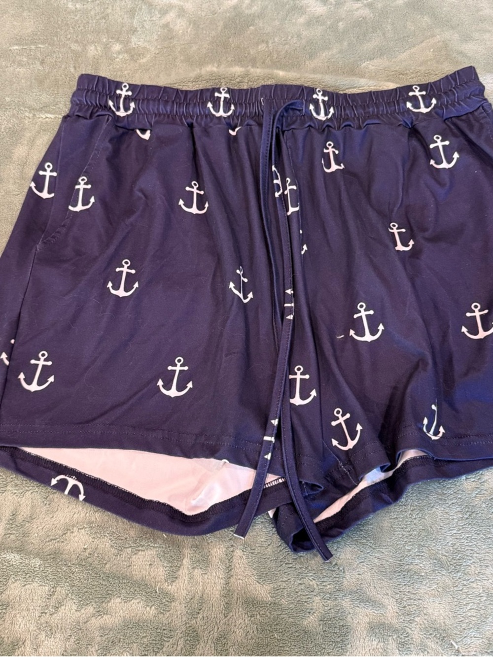 Womens Navy Anchor Print Shorts XL Elastic Waist Drawstring Beach